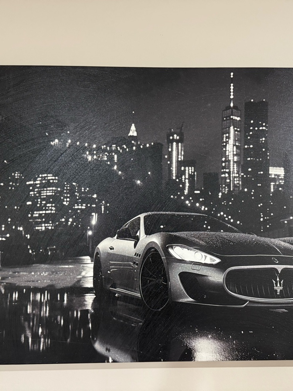Silver and Black Sports Car Canvas Wall Art - Urban Night Scene